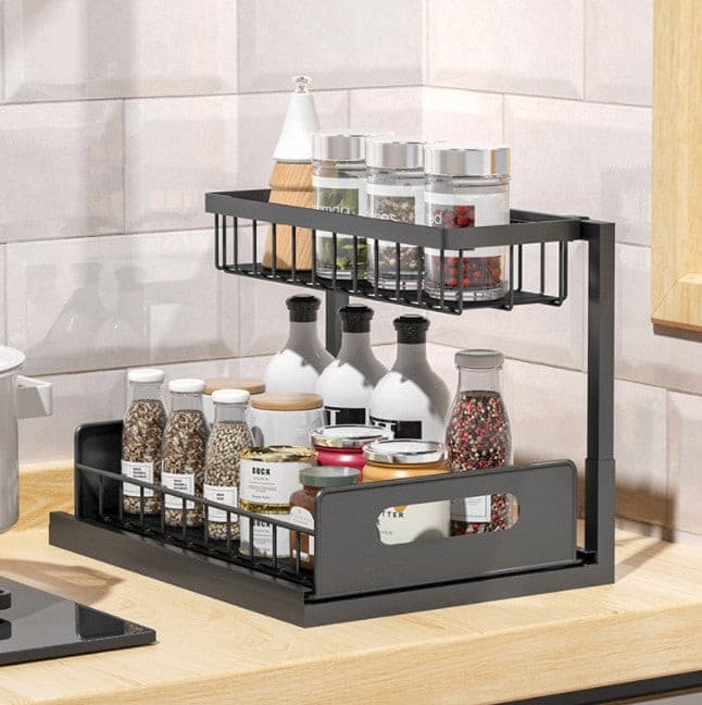 Black Steel Kitchen Bathroom Benchtop Under Sink Storage Rack.